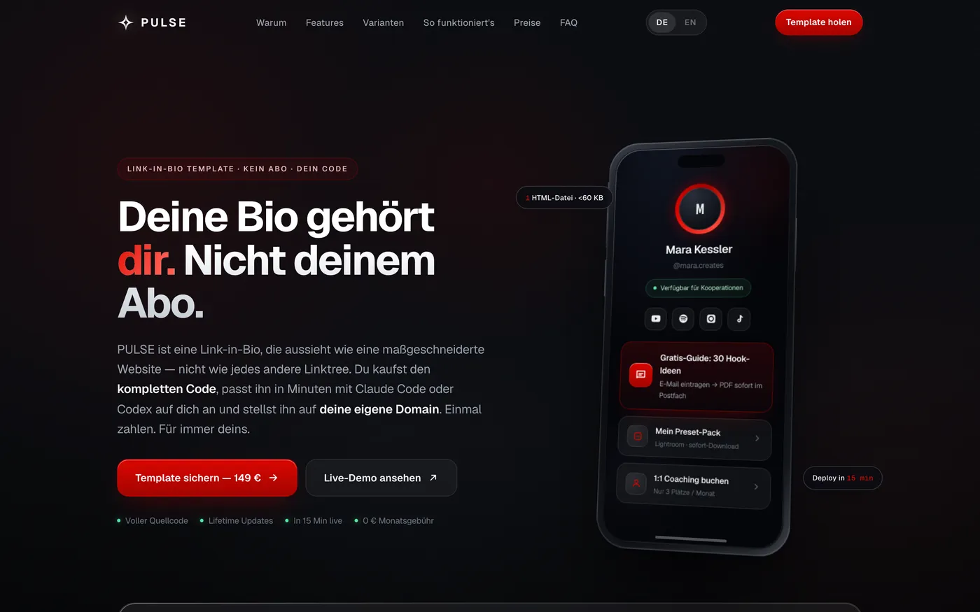Vorlage App und Mitglieder: dunkle Fläche, Handy-Ansicht, Preis und Anmeldung