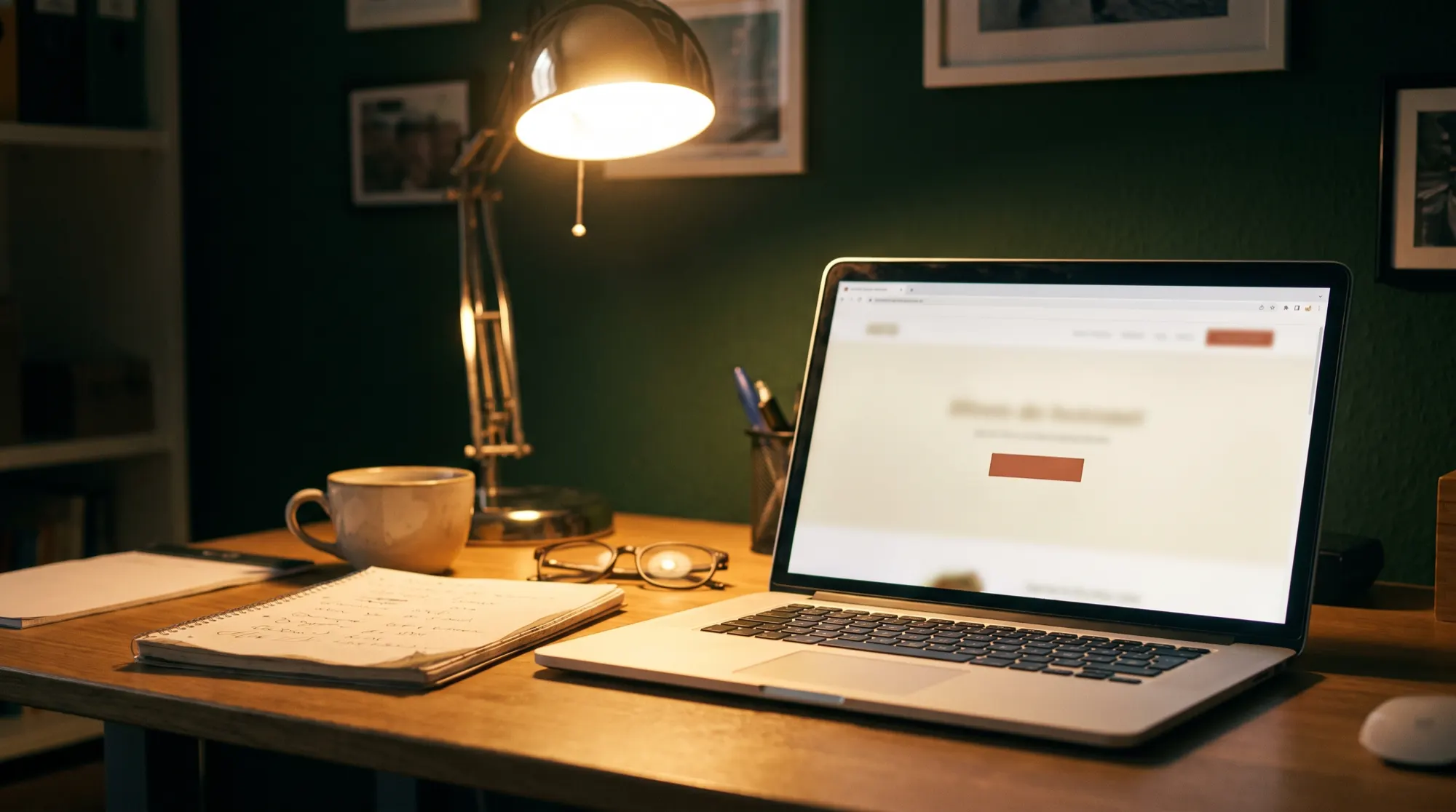 Schreibtisch am Abend: aufgeklappter Laptop mit einer hellen, ruhigen Website, daneben Notizbuch und Kaffeetasse